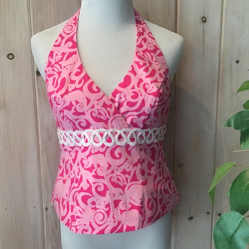 Lilly Pulitzer Pink Print Halter Top with White Trim